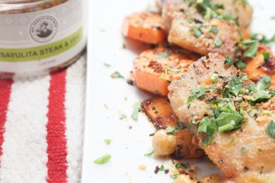 CRISPY CHICKEN THIGHS WITH SWEET POTATOES AND CHICKPEAS