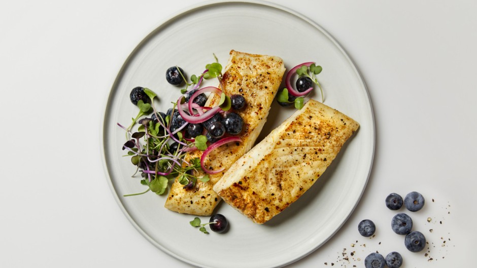 Image of Seared Alaska Halibut with Pickled Blueberries