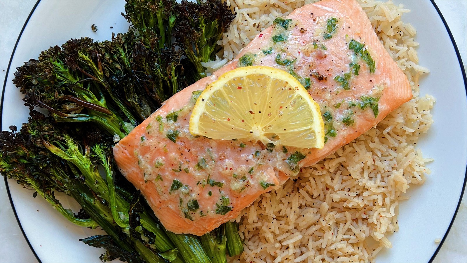 Image of Cedar Plank King Salmon with Broccolini and Rice Pilaf