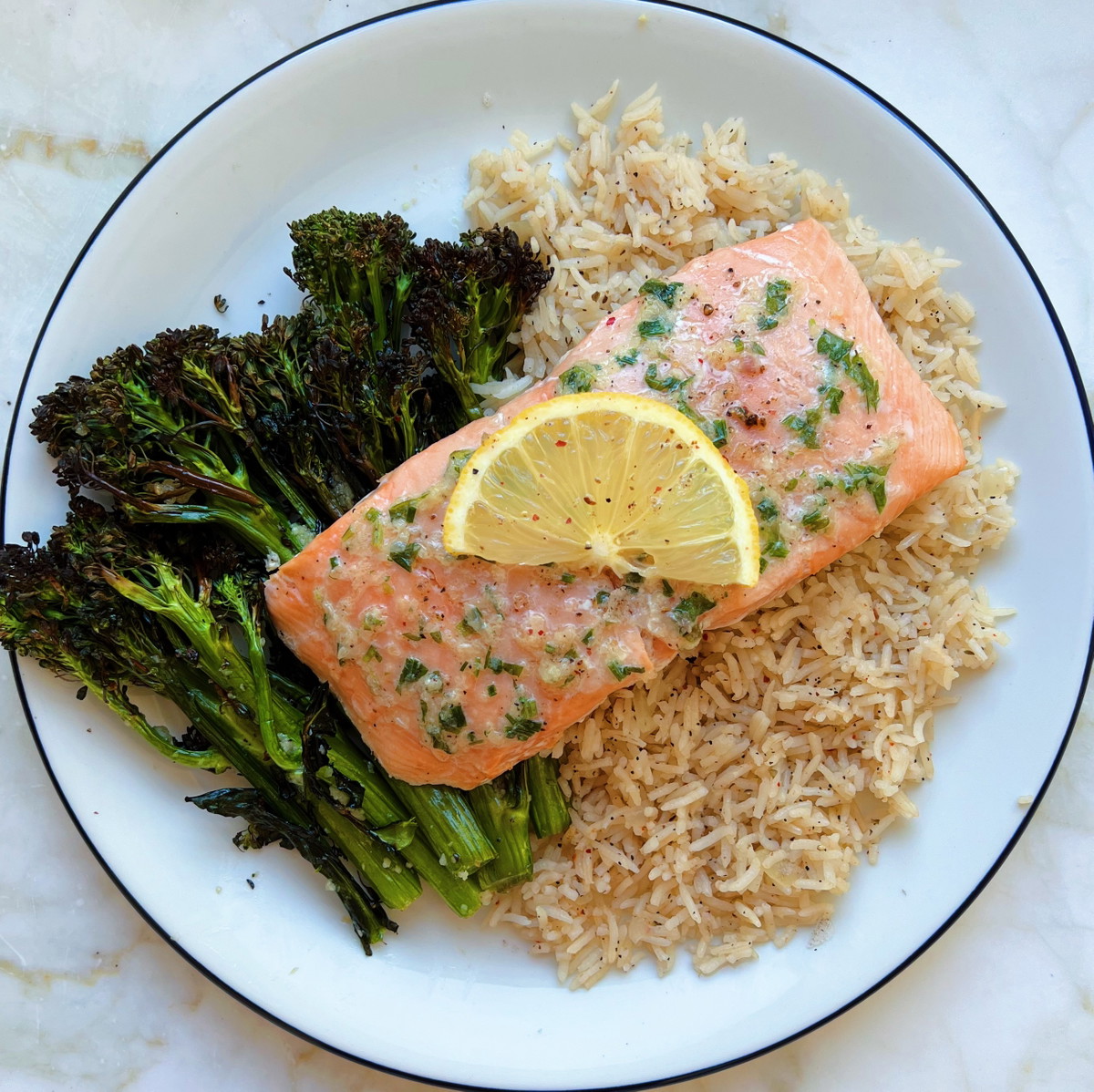 Cedar Plank King Salmon with Broccolini and Rice Pilaf