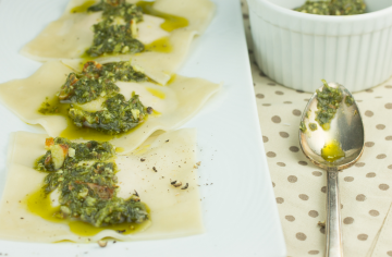 ROASTED SWEET POTATO RAVIOLI WITH CILANTRO ALMOND PESTO