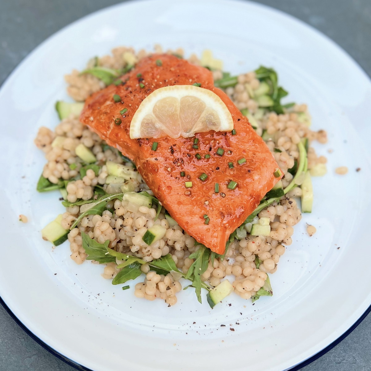 Honey Harissa Glazed Salmon with Kitchen and Market Israeli Couscous Pilaf and Arugula