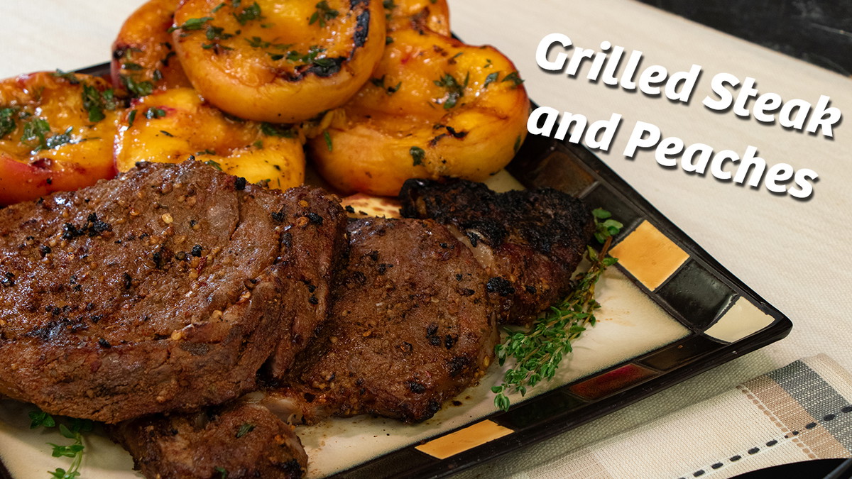 Grilled Halal Ribeye Steaks and Grilled Peaches