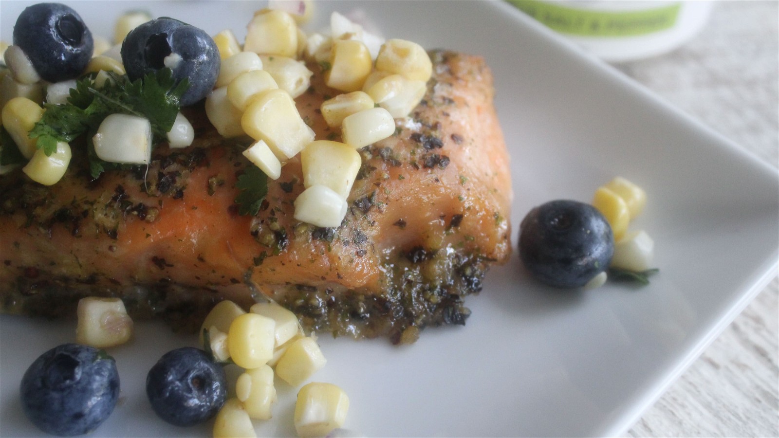Image of ROASTED SALMON FILET WITH SWEET CORN AND BLUEBERRY RELISH