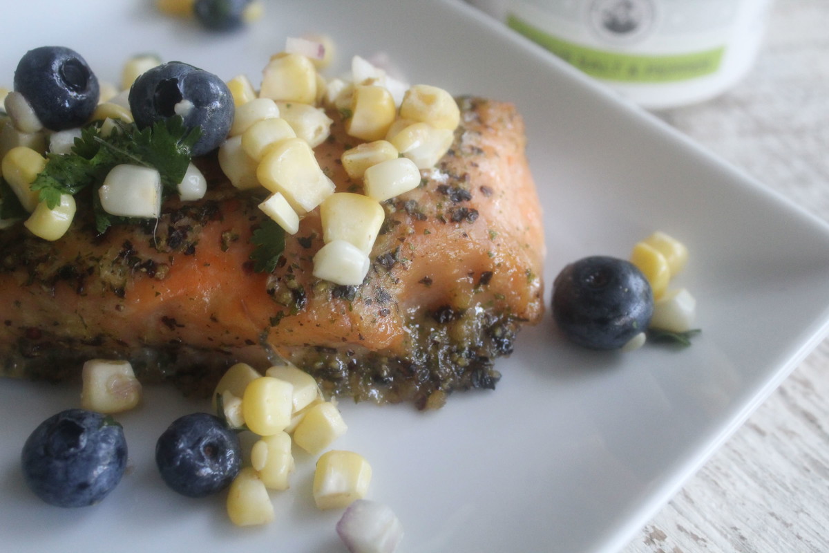 ROASTED SALMON FILET WITH SWEET CORN AND BLUEBERRY RELISH