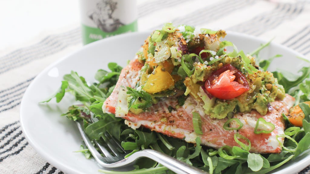 Image of PAN SEARED SALMON WITH SMASHED AVOCADO SALSA