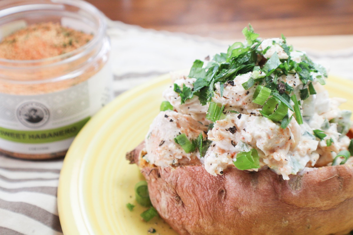 SWEET HABANERO CHICKEN SALAD STUFFED SWEET POTATOES