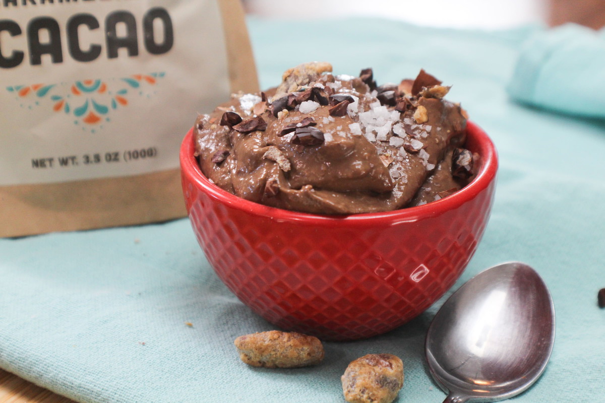SALTED CHOCOLATE AVOCADO PUDDING WITH CARAMELIZED CACAO