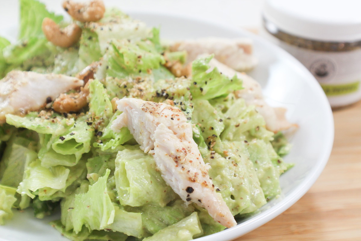CHICKEN CAESAR SALAD WITH CASHEW CROUTONS