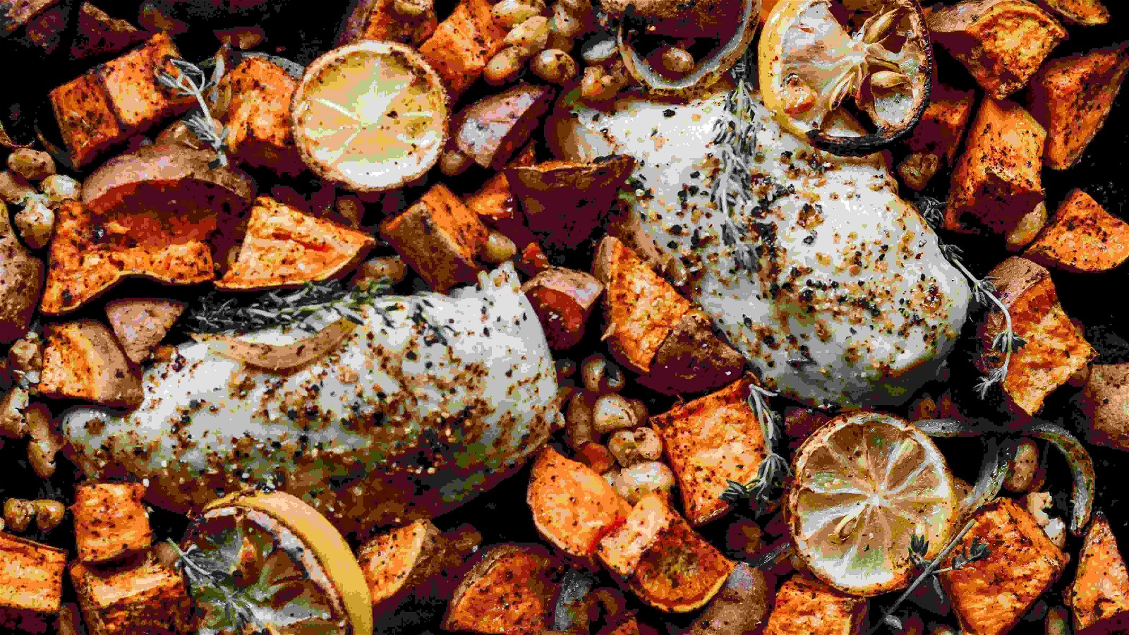 Image of SHEET PAN CITRUS ROASTED CHICKEN WITH BEANS + SWEET POTATOES