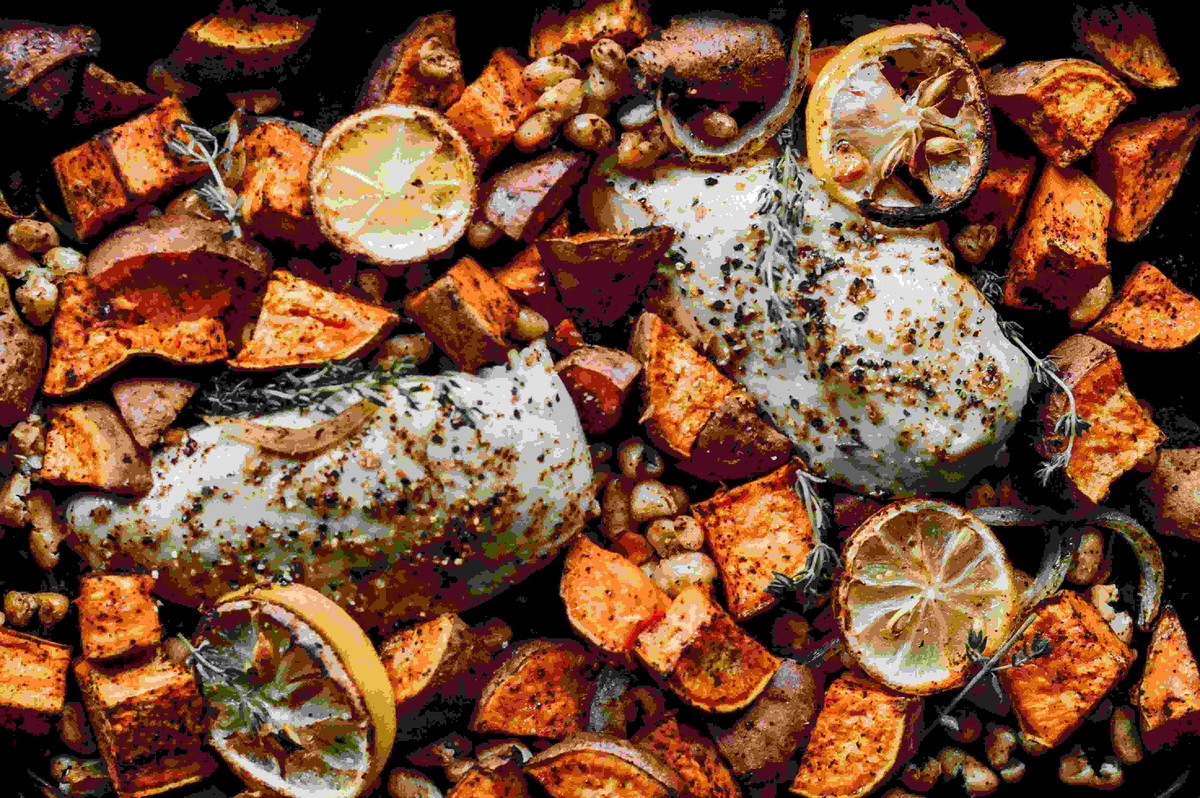 SHEET PAN CITRUS ROASTED CHICKEN WITH BEANS + SWEET POTATOES