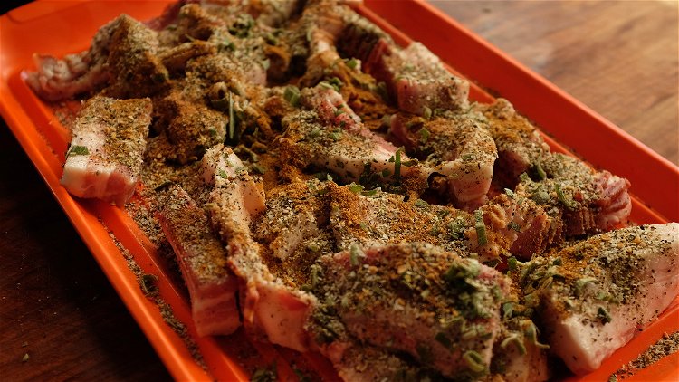 Image of Combine the bacon and chunks of pork belly and seasonings...