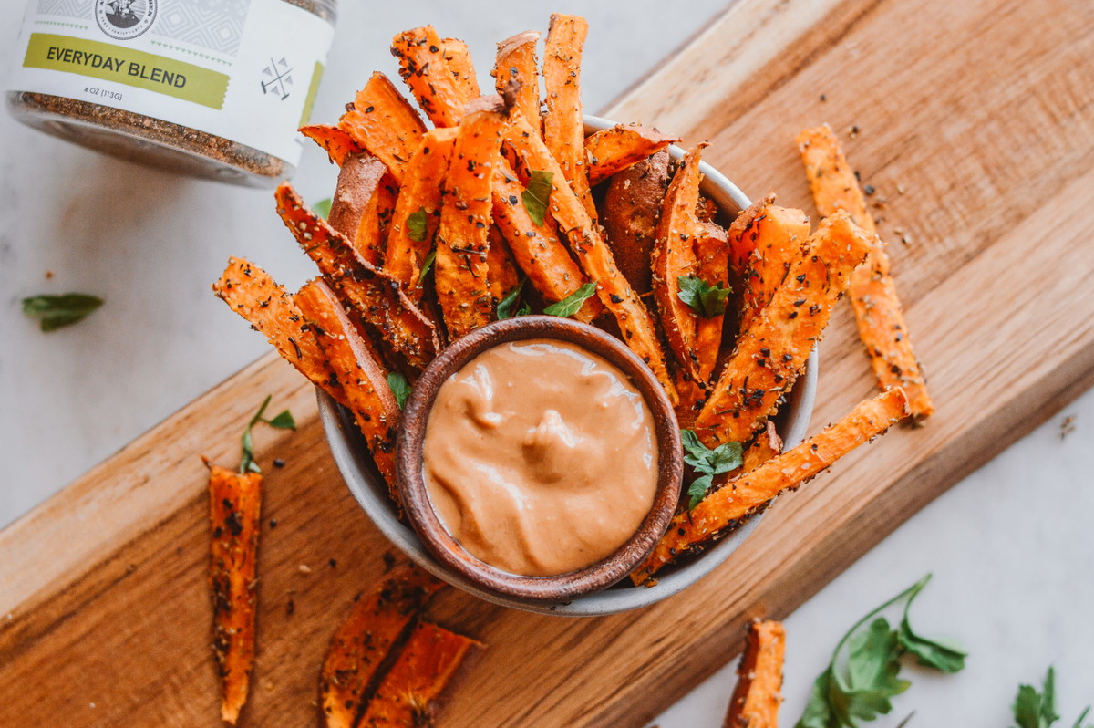SPICED SWEET POTATO FRIES WITH MISO GRAVY