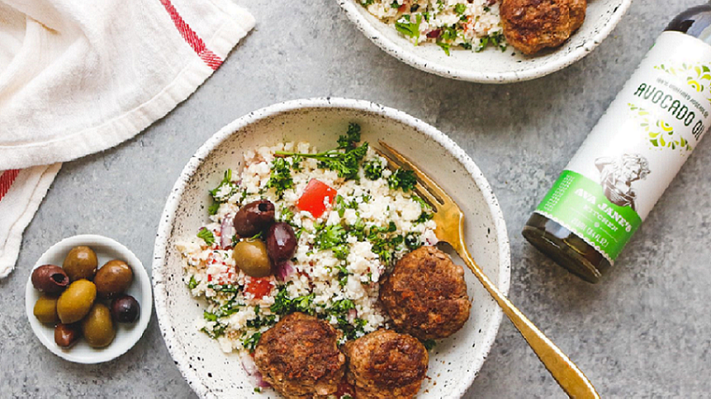 Image of MEDITERRANEAN MEATBALLS SERVED OVER A TANGY, GRAIN-FREE TABOULI!