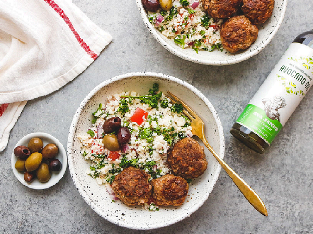 MEDITERRANEAN MEATBALLS SERVED OVER A TANGY, GRAIN-FREE TABOULI!