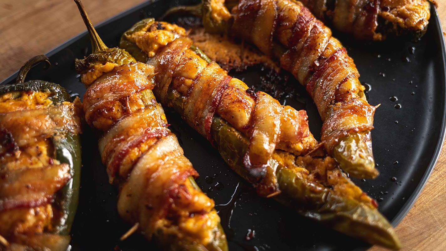 Image of Bacon Wrapped Chicken Poppers with Tequila BBQ Glaze