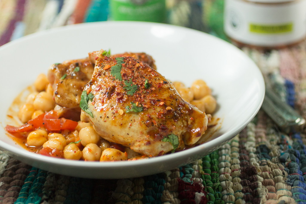 HOT ROASTED GARLIC BRAISED CHICKEN THIGHS WITH CHICKPEAS