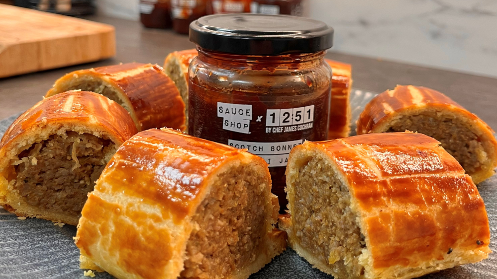 Image of Jerk Sausage Rolls with a Scotch Bonnet Chilli Jam Dip