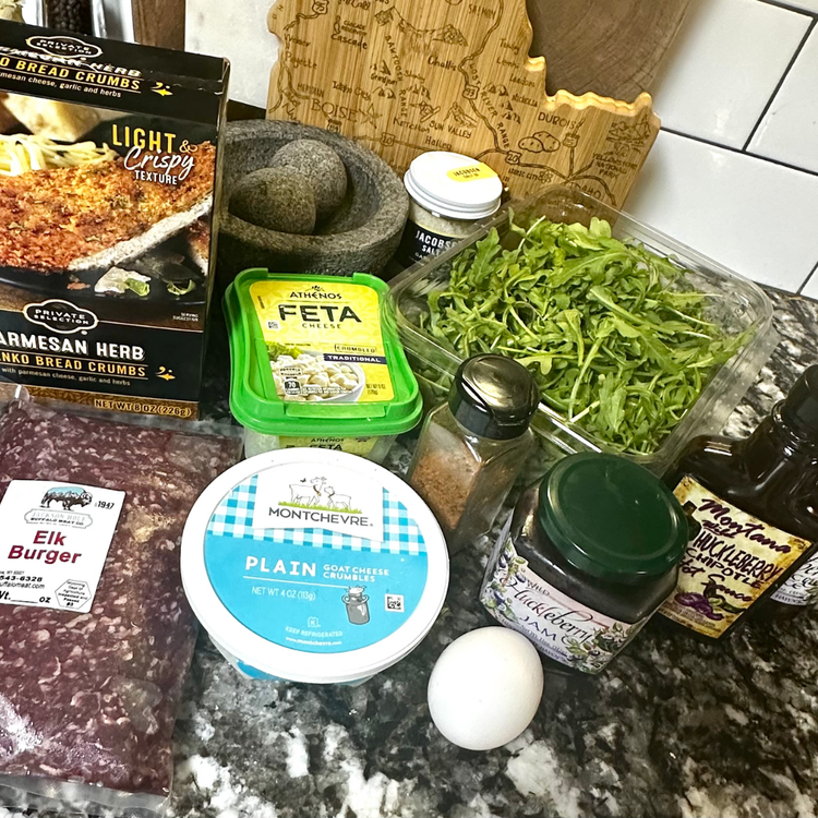 Image of Combine the following ingredients in a large mixing bowl:1 lb. ground elk1/2 onion, diced1 jalapeño, diced¼ cup goat cheese crumbles¼ cup feta cheese crumbles¼ cup breadcrumbs1 tbsp. huckleberry jelly or jam1 egg1 tsp. sea salt1 tsp. fresh black pepper2 tbsp. homemade...
