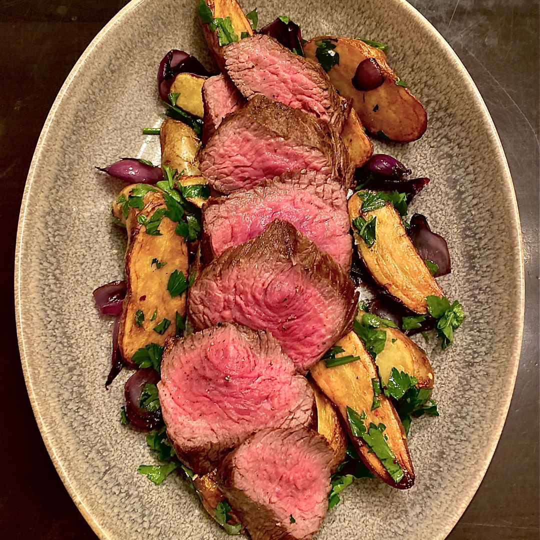 Bison Bistro Filet with fat fried potatoes and parsley verde