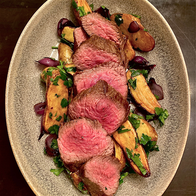 Image of Bison Bistro Filet with fat fried potatoes and parsley verde