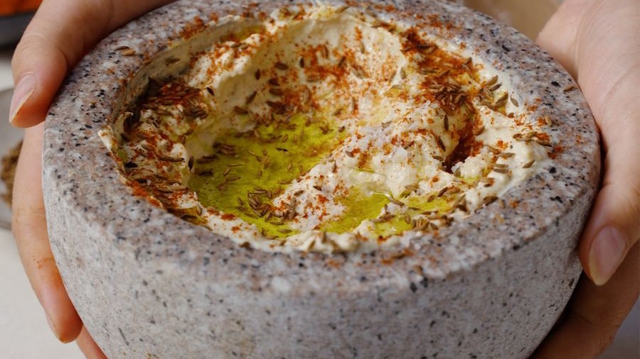 Image of Lebanese Hummus using Mortar and Pestle