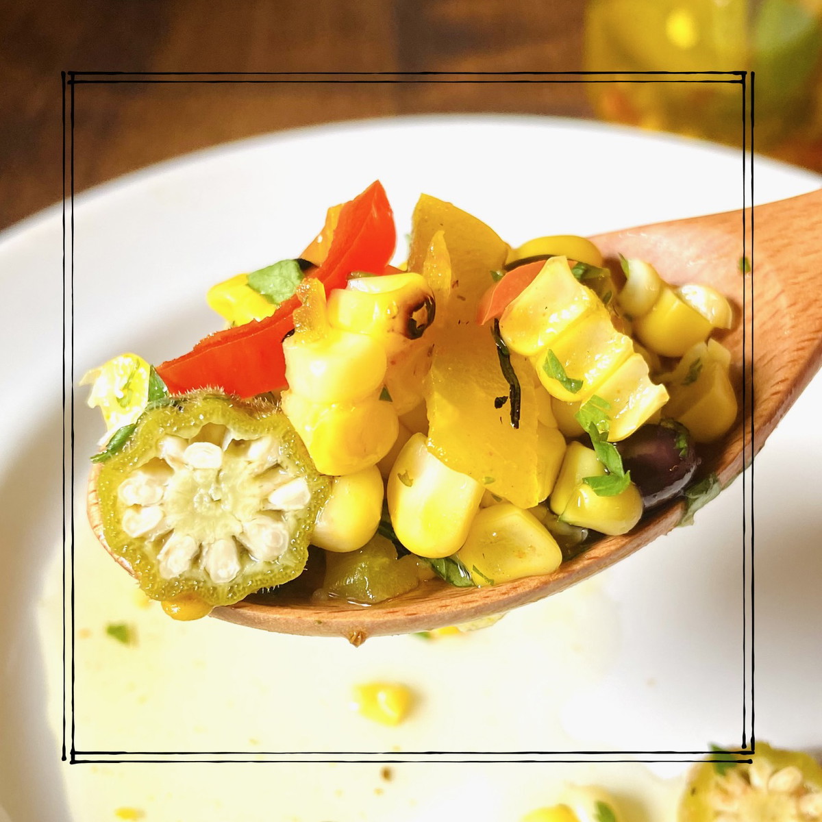 Grilled Corn Salad with Pickled Okra and Green Tomato Pepper Hash
