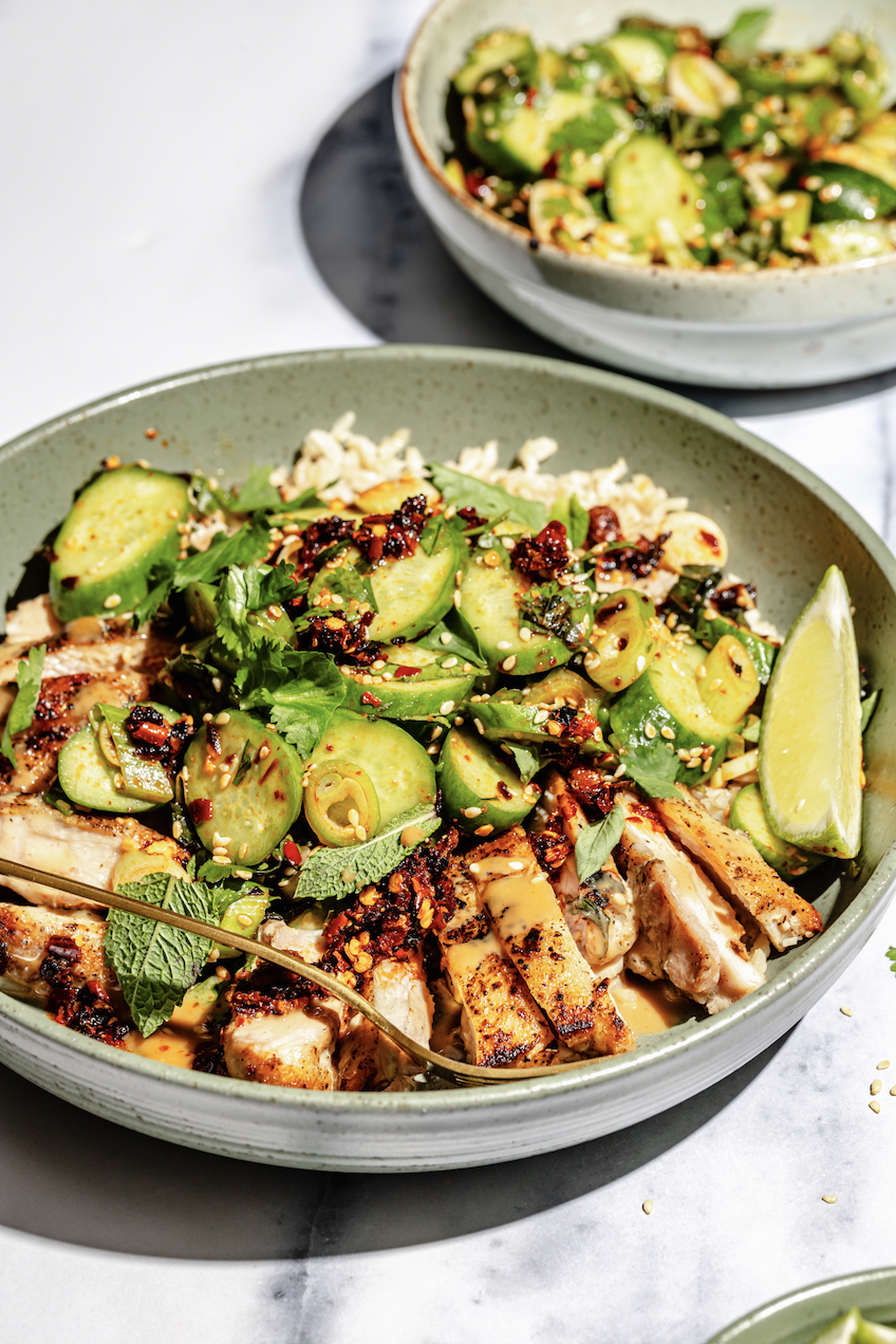 Image of Creamy Sesame Chicken Bowls with Cucumber Salad
