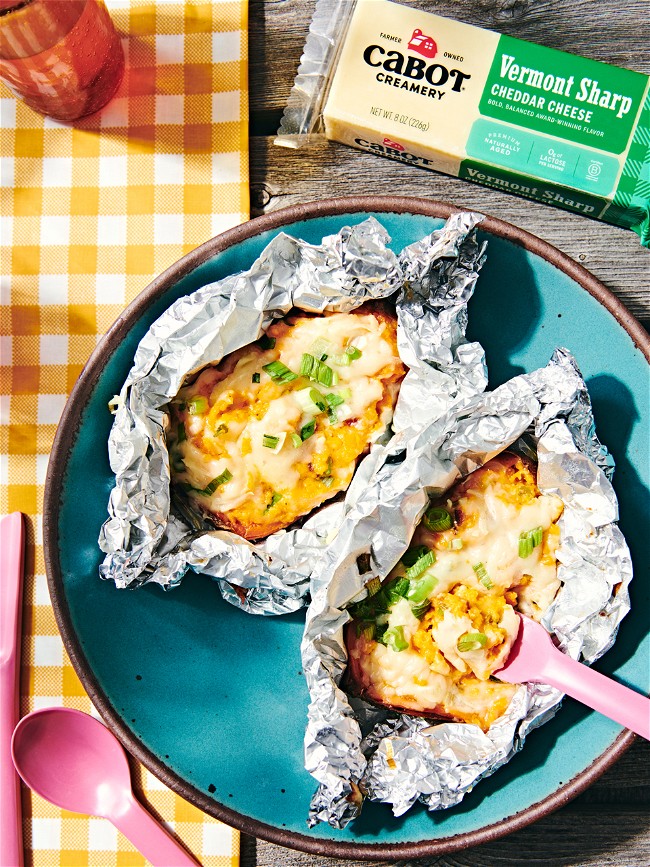 Image of Spicy Twice Baked Sweet Potatoes with Bacon & Cheddar