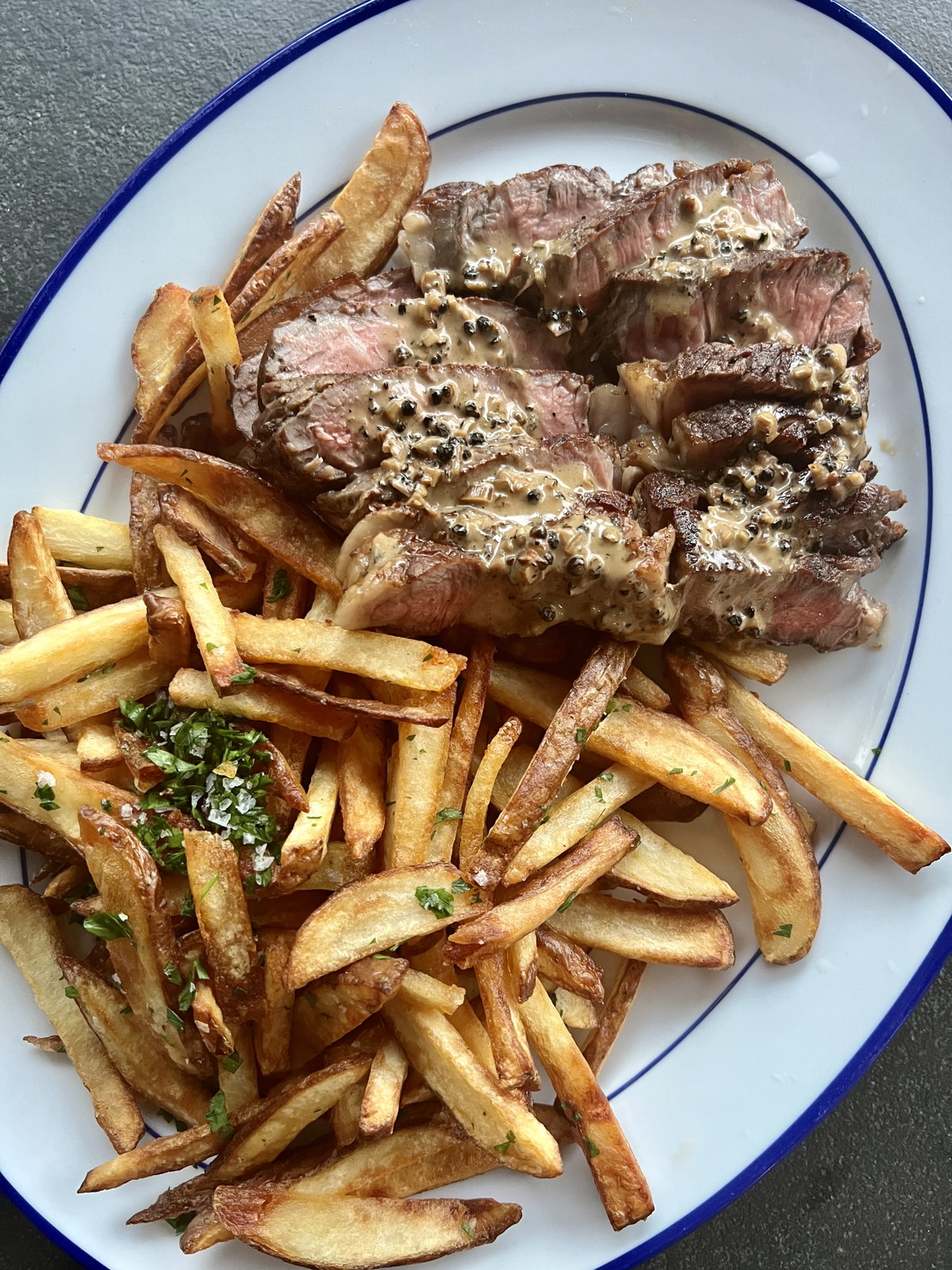 Steak Frites with Peppercorn Sauce
