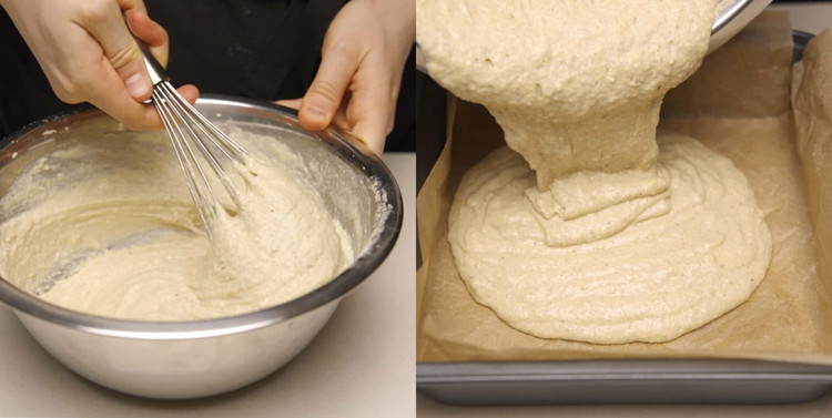 Image of Mix both dry and liquid parts together. Transfer the batter to the lined baking sheet and smooth it out into an even layer.
