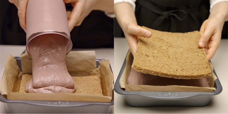Image of Place the other sponge square on top, pressing down gently so that it sticks to the ice cream mixture.