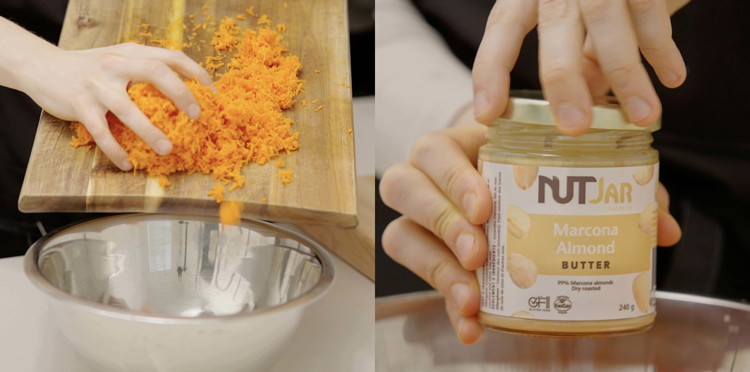 Image of In a second large bowl, combine all the wet ingredients (plant milk, grated carrots, almond butter, apple cider vinegar and vanilla extract). Whisk until smooth.