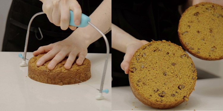 Image of Allow the cake to cool completely before splitting it with a cake leveler.