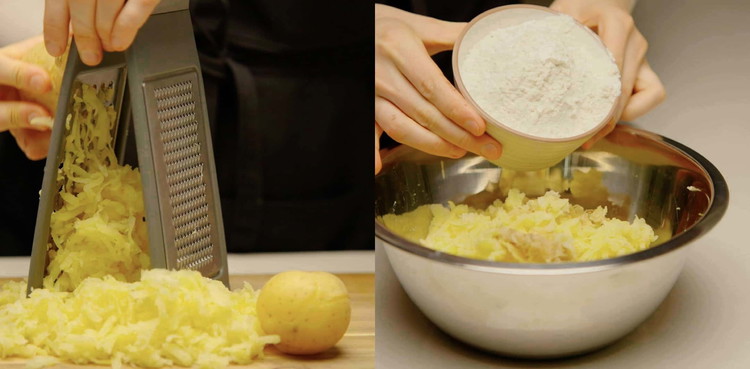 Image of In a large bowl add the mashed potato, salt, olive oil, and flour, and using clean hands mix the ingredients and then gently knead it into a ball. 