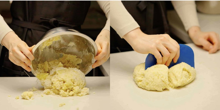 Image of If the mixture is sticky, add flour until it no longer sticks to your hand. Then gently knead it into a cohesive ball. 