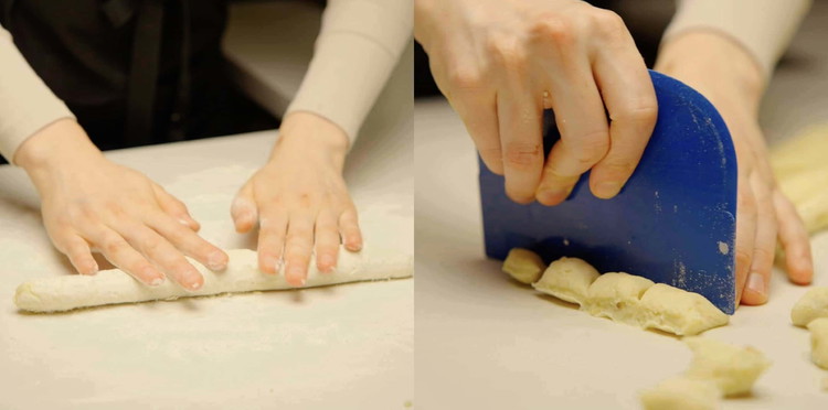 Image of Take a small piece of dough and squeeze it in your fist to make a compact and roughly-shaped ball, then roll it between your palms to make it round. If the mixture is still sticky, add flour.