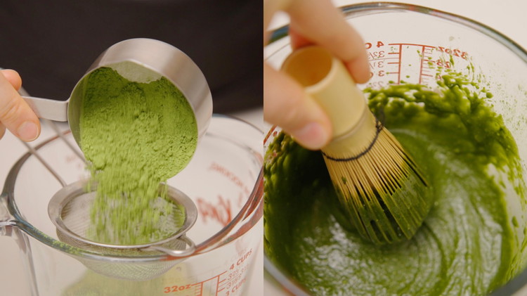 Image of Pour in the condensed coconut milk and matcha spread into a small bowl. Sift the matcha into the mixture. It is important to sift the matcha so it doesn't clump! Whisk until smooth.