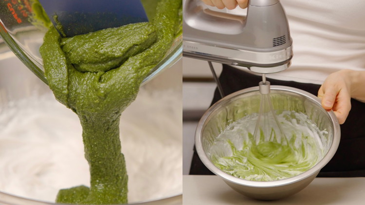 Image of Pour the matcha mixture into the whipped coconut cream. Whip again to combine everything evenly.