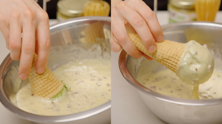 Image of Transfer the chocolate shell mixture into a glass, which should be able to hold 1 ice cream scoop. Dip the ice cream into the chocolate mixture, and if required, move it around to coat it completely in chocolate.