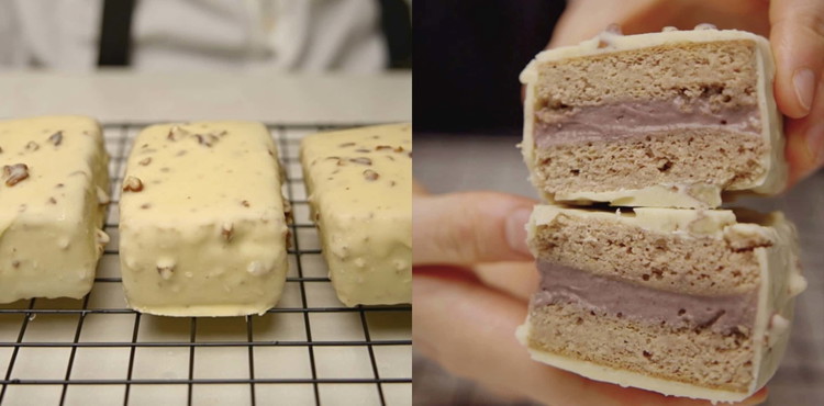 Image of Transfer the chocolate-covered ice cream sandwiches onto the baking sheet. As the ice cream sandwiches are very cold, the chocolate should be set fairly quickly.