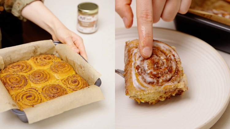 Image of Allow the cinnamon rolls to cool until warm before spreading the icing on top.
