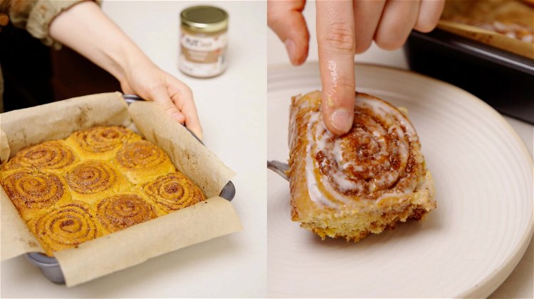 Image of Allow the cinnamon rolls to cool until warm before spreading...