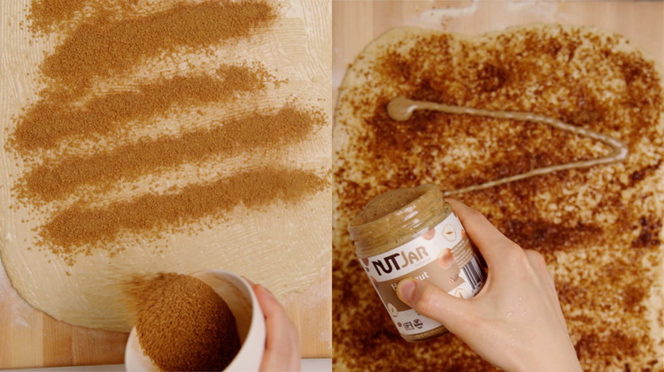 Image of Shape the cinnamon rolls: Mix the cinnamon and brown sugar together in a small bowl and set aside. Flour a clean surface and rolling pin, and place the dough in the middle. Roll the dough. Brush the dough with the vegan...