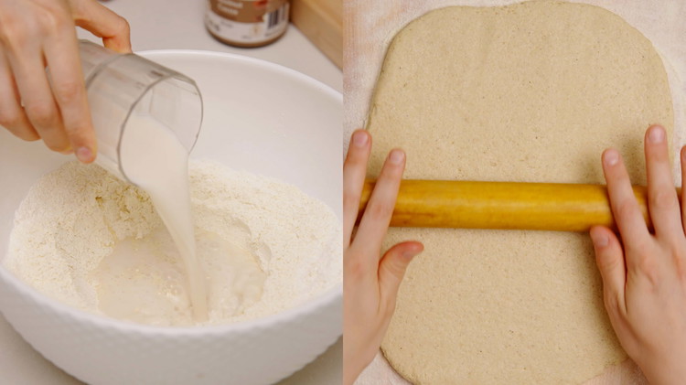 Image of Make the dough. ln a large bowl, whisk together the millet flour, tapioca starch, sugar, psyllium husk powder, corn starch, and instant yeast. Then add in the dairy-free milk and yogurt (room temperature), vegan butter (melted), hazelnut-cocoa spread, apple cider vinegar,...