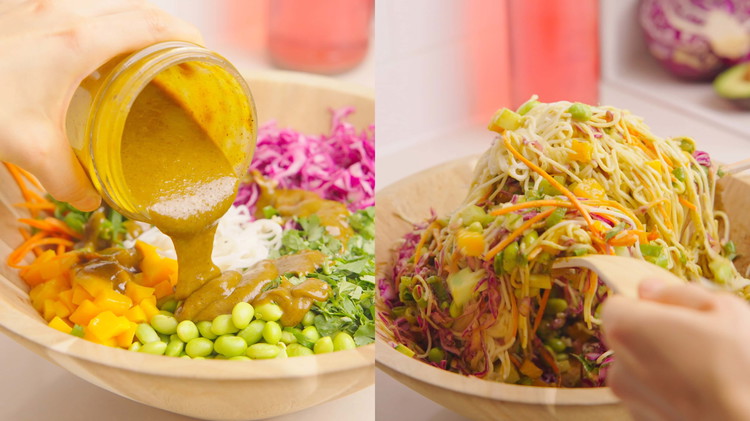 Image of Combine the noodles and vegetables in a large bowl, add the dressing, and toss thoroughly.