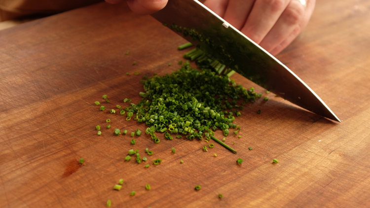 Image of Cut shallots and chives then use a microplane to mince...