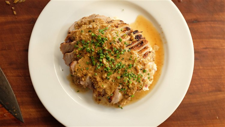 Image of Slice the pork chops and serve over mashed potatoes (or...