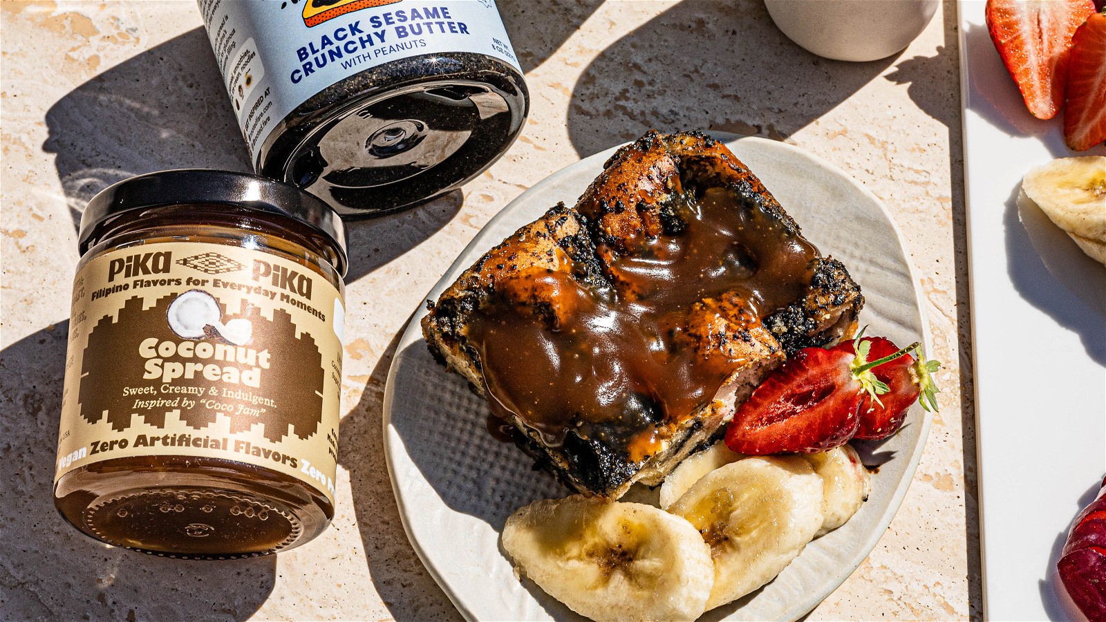 Image of Black Sesame Bread Pudding with Coco Jam Drizzle