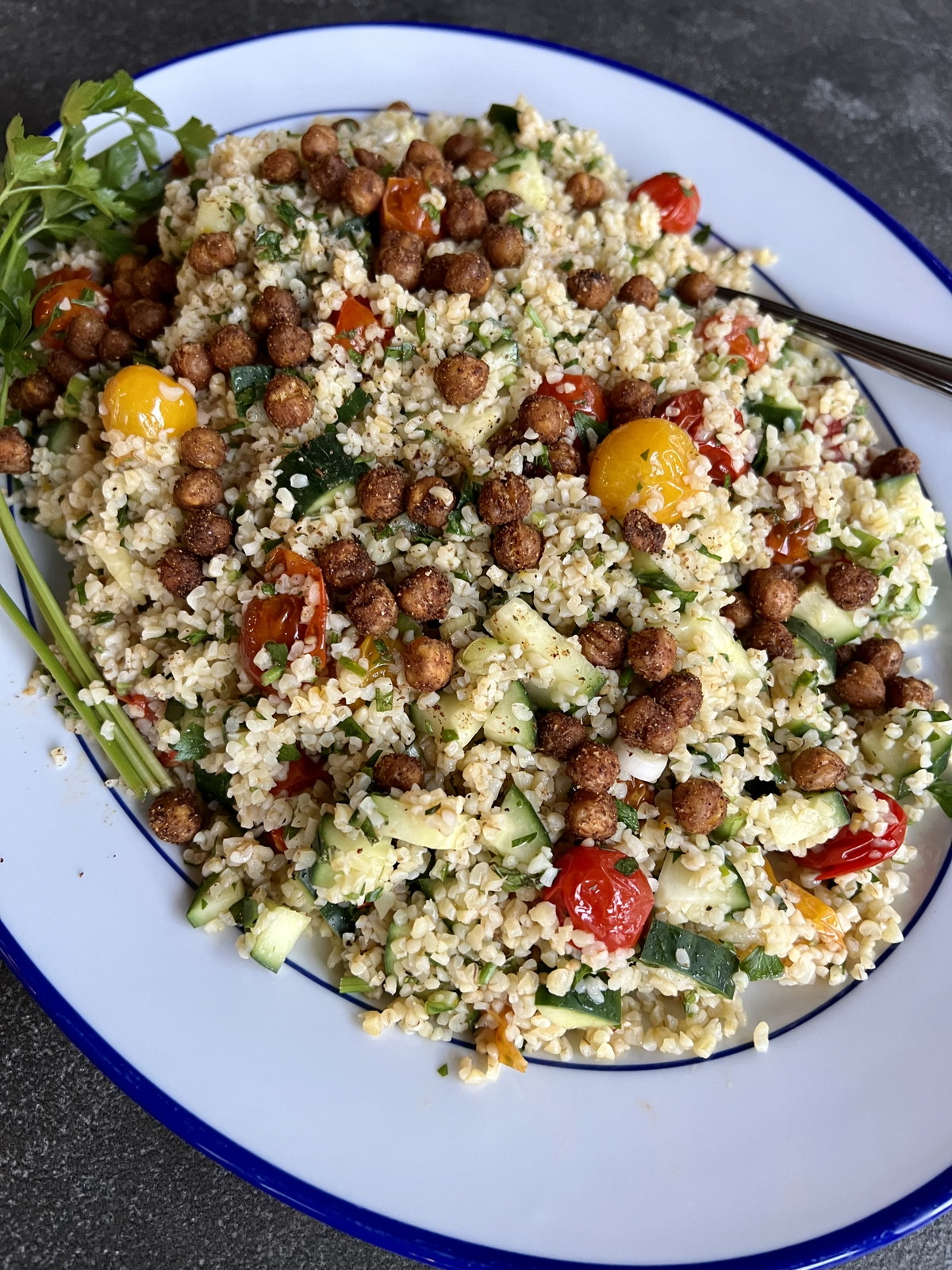 Tabbouleh with Roasted Cherry Tomatoes & Spiced Chickpeas